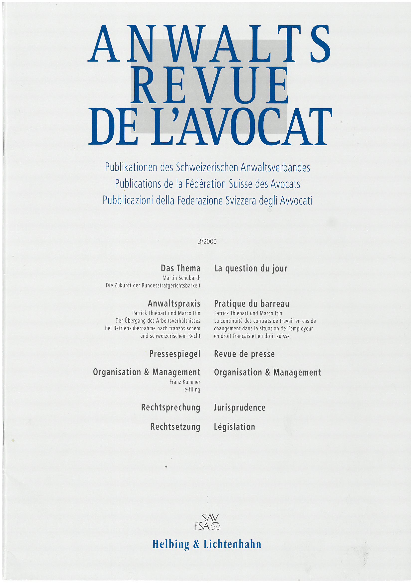 Titelbild Fachzeitschrift Anwaltsrevue de L´avocat Schweiz