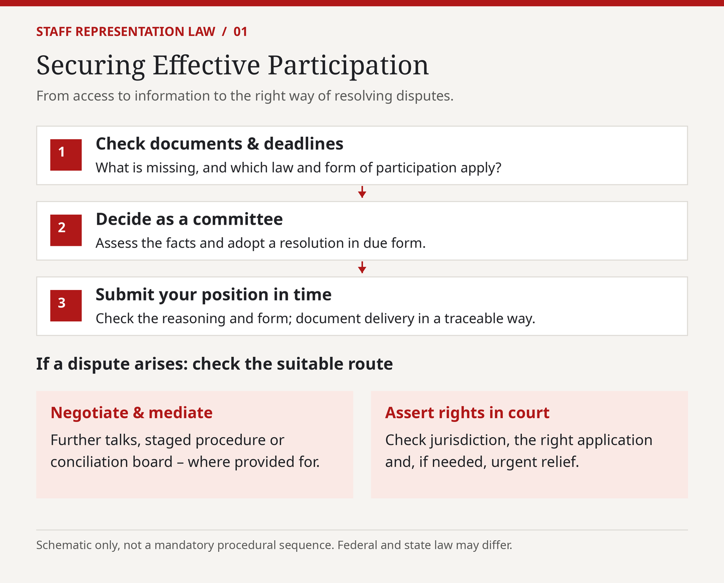 Infographic: Ensuring effective participation – check documents and deadlines, reach a decision within the committee, submit your position in good time, negotiate in the event of disputes or seek a legal ruling on your rights